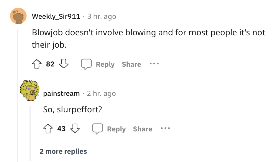 angle - Weekly Sir911. 3 hr. ago Blowjob doesn't involve blowing and for most people it's not their job. 82 painstream 2 hr. ago So, slurpeffort? 43 2 more replies